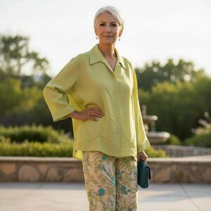 Elegant Adrianna Papell two-piece set floral green 100% silk jacket w/pants 14